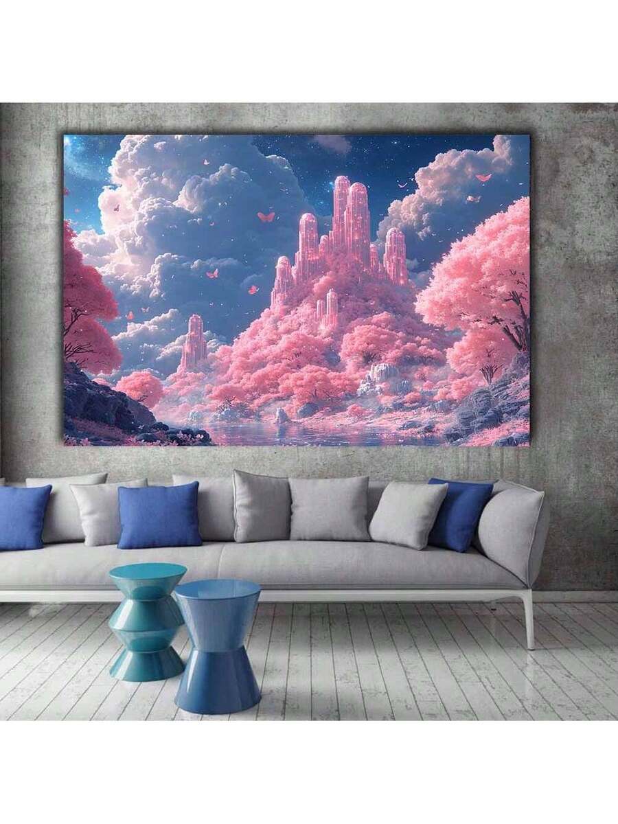 Product view of pink fantasy castle canvas wall art with cherry blossoms and lake