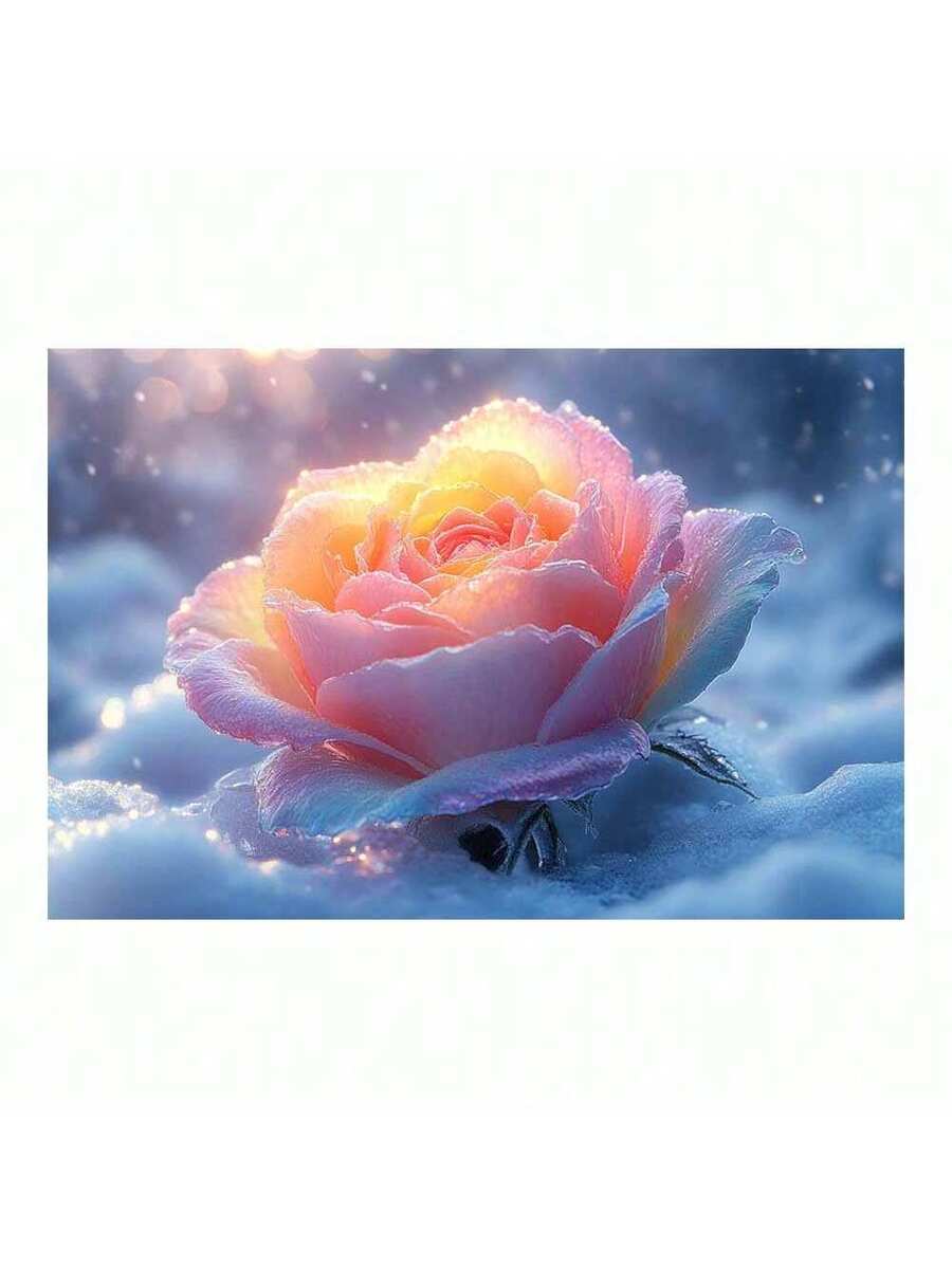 Product view of frosted pink rose canvas wall art with snow and soft light