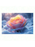 Product view of frosted pink rose canvas wall art with snow and soft light