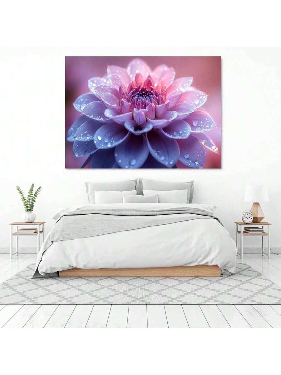 Dewy flower canvas print above white bed in airy bedroom