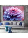 Pink dahlia floral wall art above gray sofa in living room