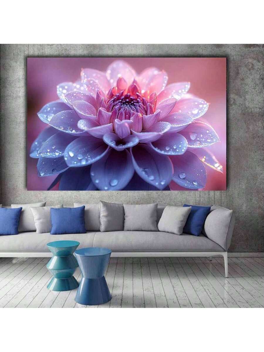 Pink dahlia floral wall art above gray sofa in living room