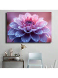 Pink and purple dahlia wall art above console in study nook