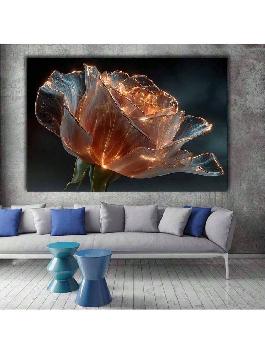 Orange rose wall art above white sofa in modern living room