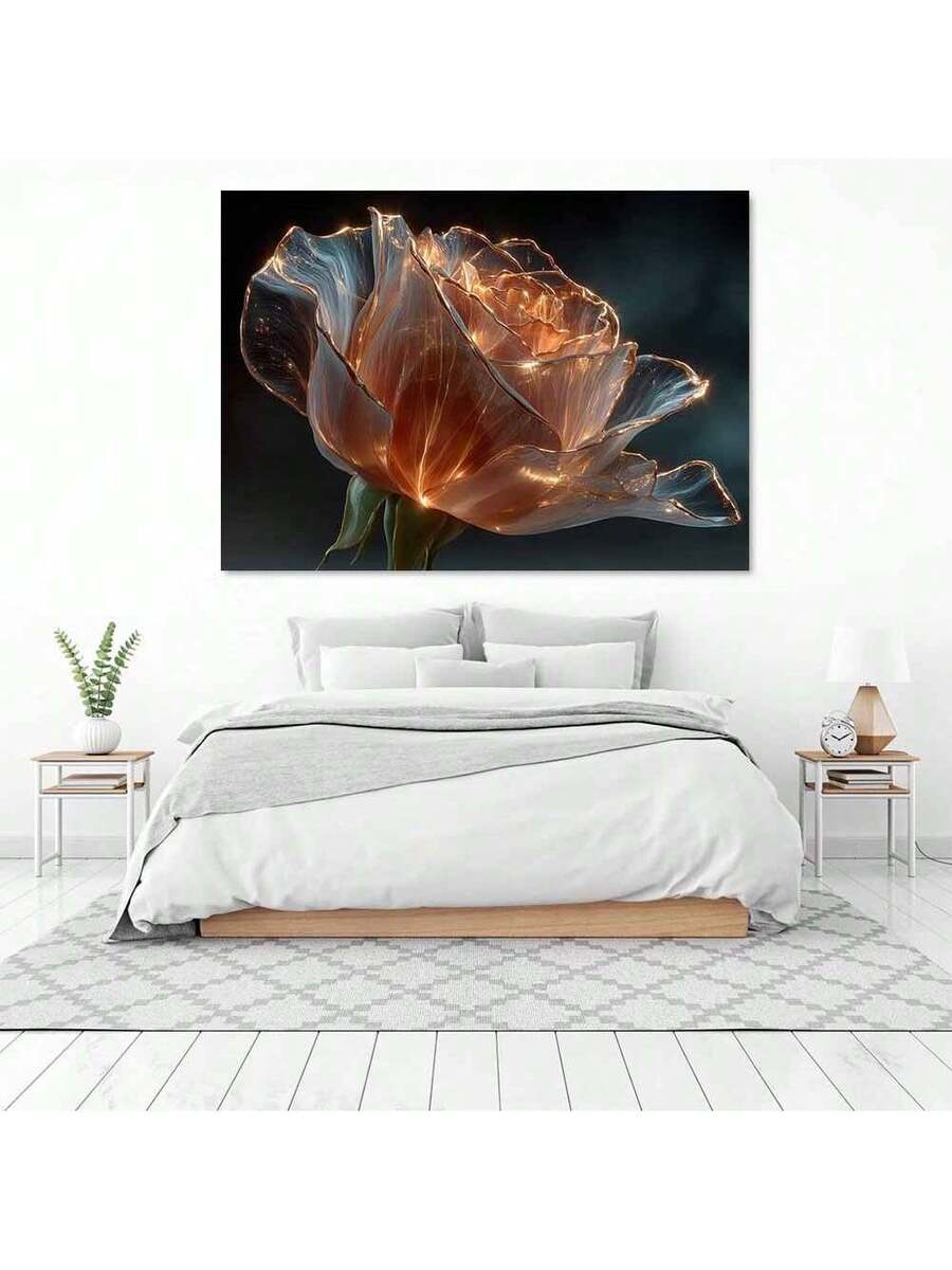 Glowing botanical rose canvas print above white bed