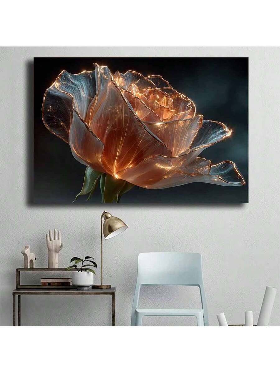 Orange and gold rose wall art above console in workspace corner