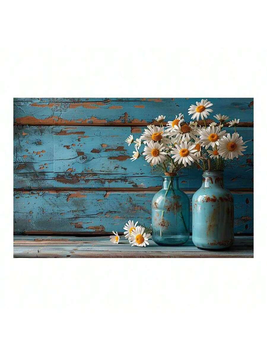 Product view of white daisies in blue vase canvas wall art on rustic wood background