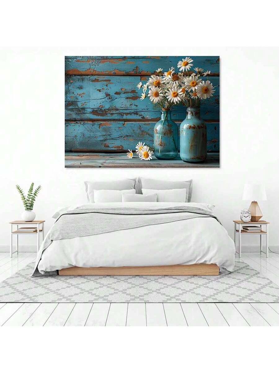 Bedroom view of rustic daisy canvas print above white bed