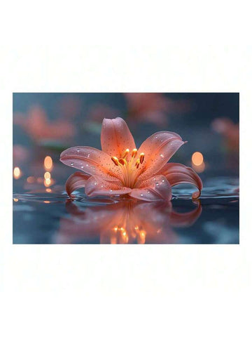 Peach lily canvas wall art with water drops and blue background