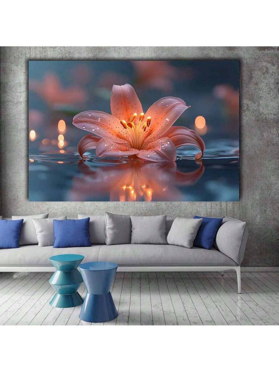 Peach lily canvas wall art with water drops and blue background