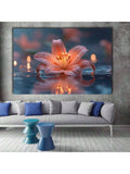 Peach lily floral wall art above sofa in modern living room