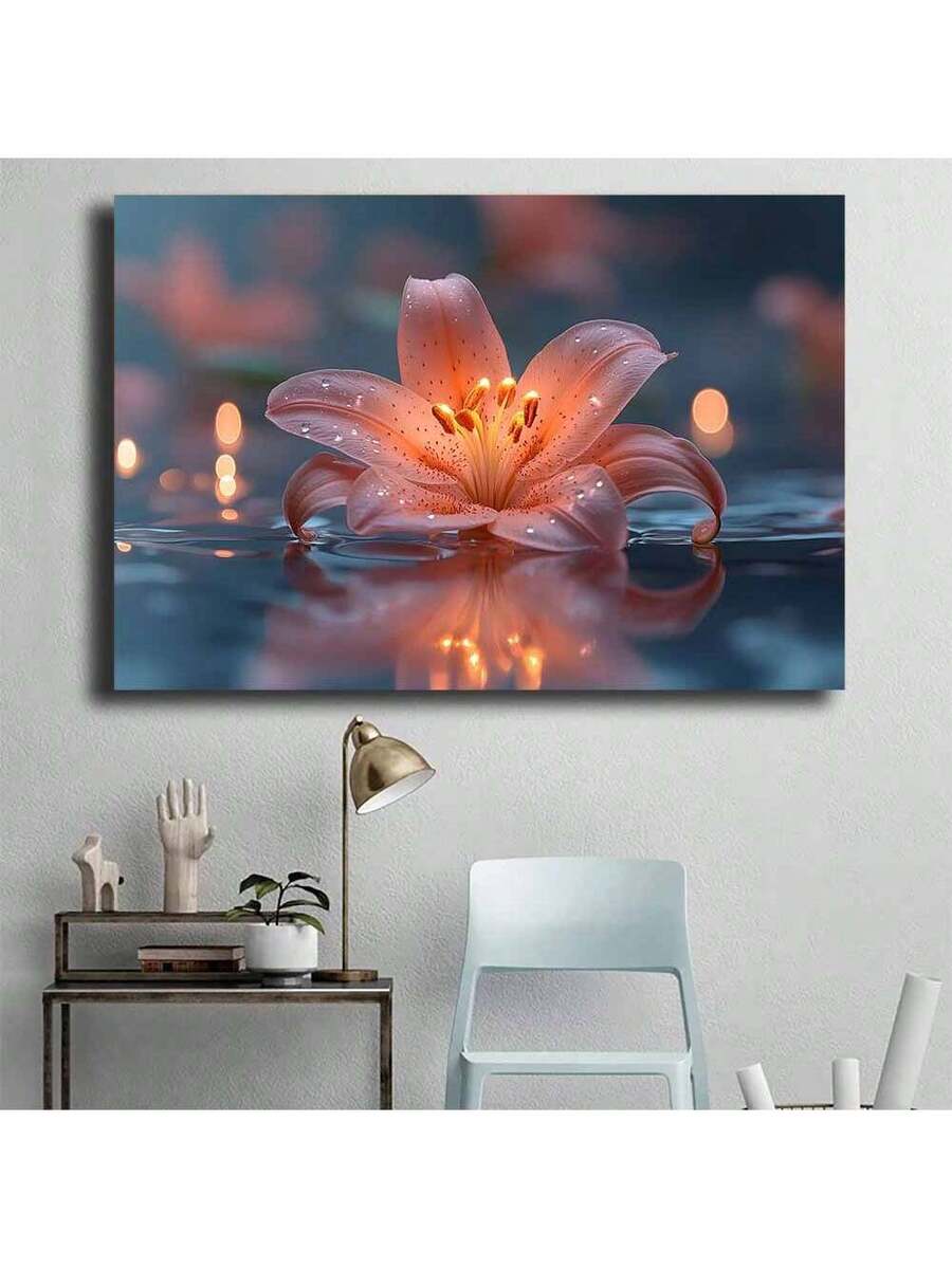 Peach lily wall art above desk in modern study corner