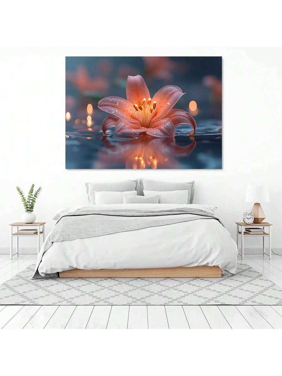 Lily canvas print above white bed in calm bedroom