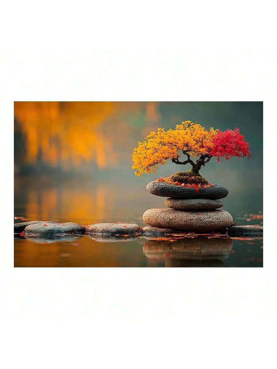 Bonsai tree canvas wall art with stacked stones and reflective water
