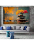 Bonsai tree wall art above gray sofa in modern living room