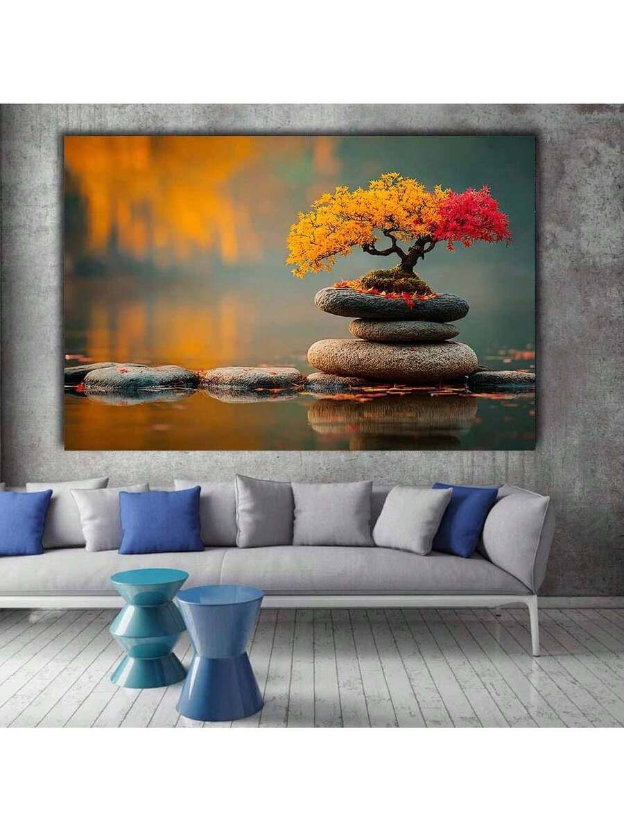 Bonsai tree wall art above gray sofa in modern living room