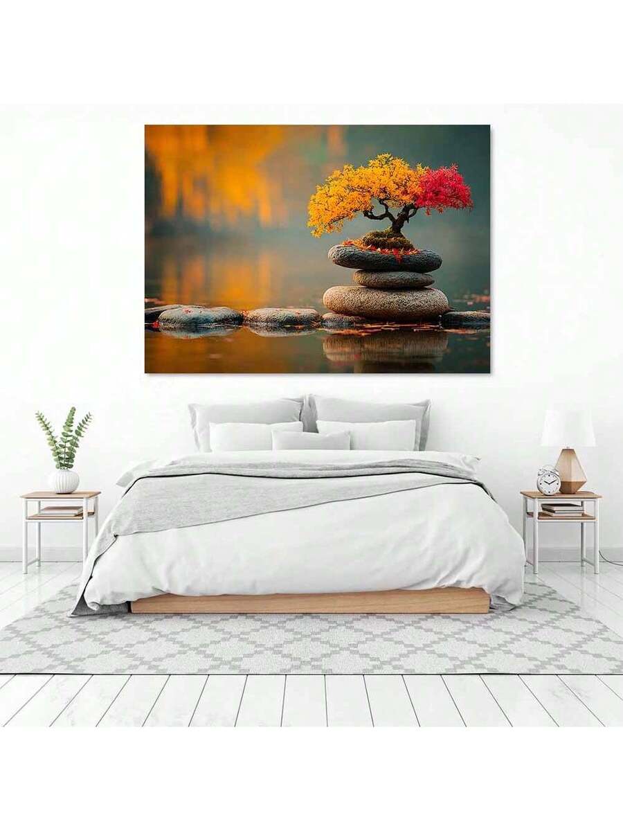 Autumn bonsai canvas print above white bed in serene bedroom