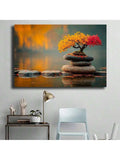 Zen bonsai wall art above console in home office corner