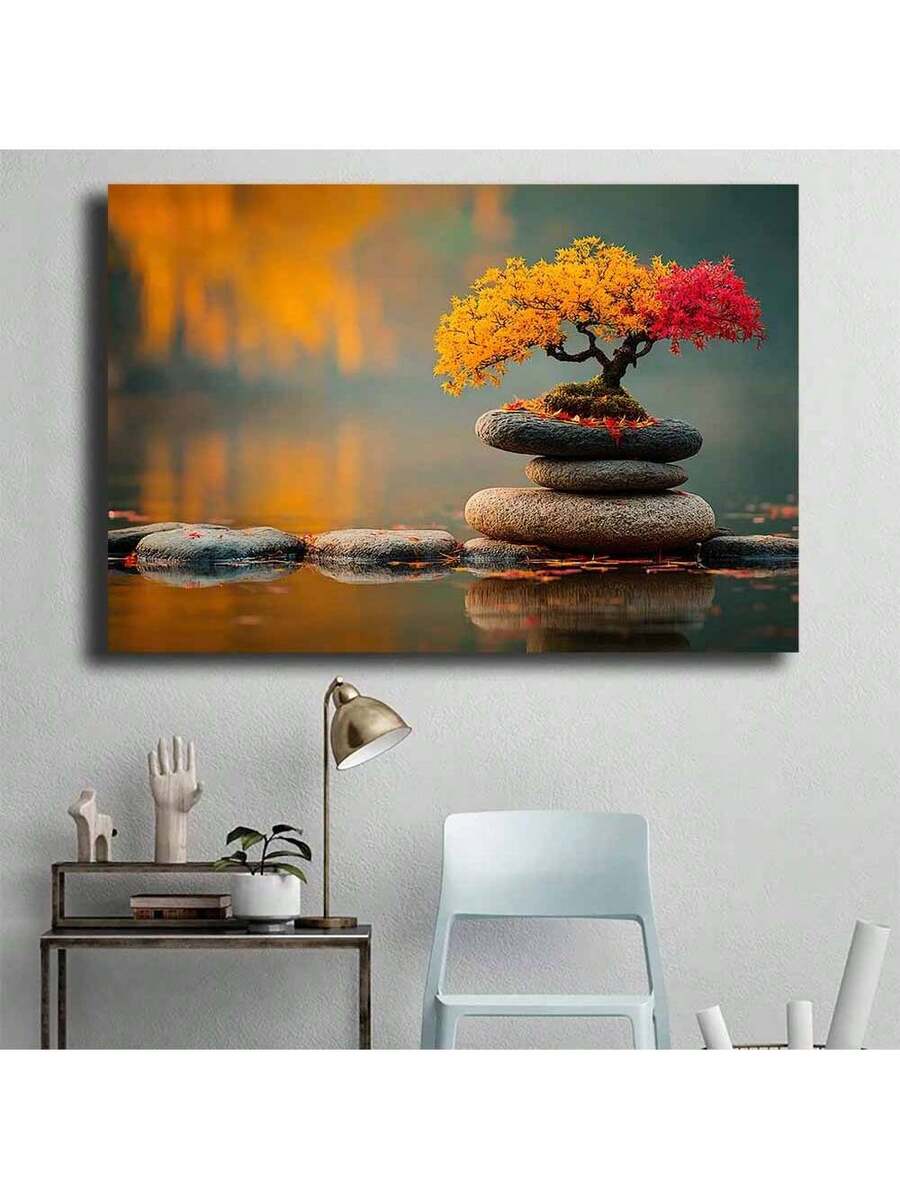 Zen bonsai wall art above console in home office corner