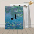 Black cat lily pond canvas print shown with stretched wood frame backing