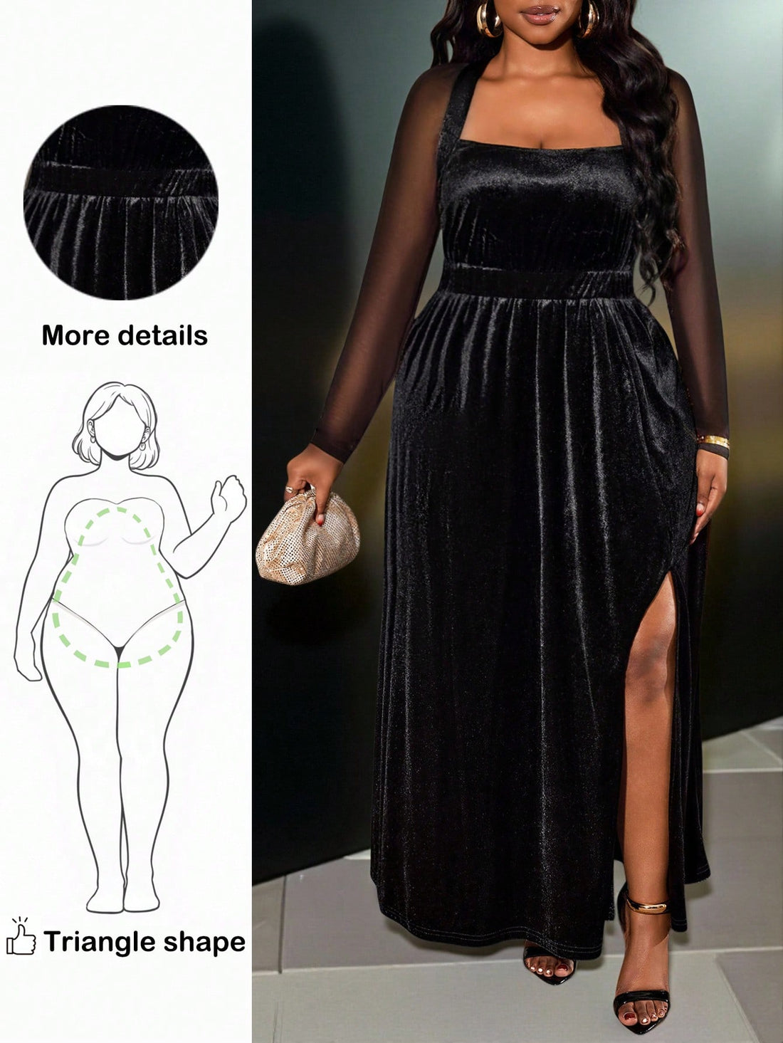 Step into the spotlight in this stunning black velvet A-line dress designed for those who love to make an entrance. The luxurious velvet fabric drapes beautifully while the flattering A-line silhouette celebrates your curves with confidence. A daring slit and sheer details add just the right amount of allure and sophistication. Perfect for parties, galas, or any occasion where you want to feel absolutely fabulous. Available in plus sizes because elegance has no limits.