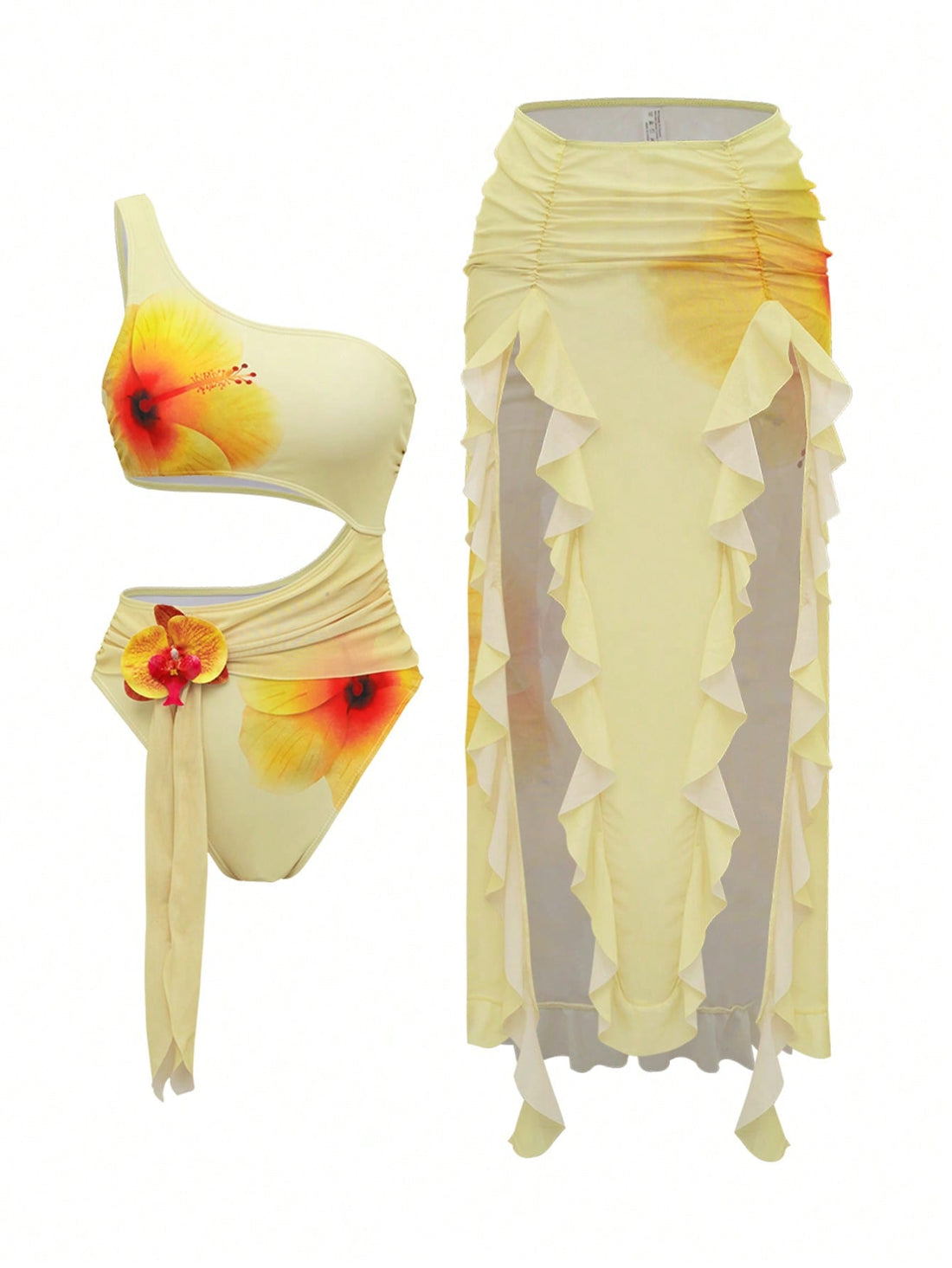Make a splash this summer in effortless elegance. This two-piece set features a flattering floral print spaghetti strap swimsuit paired with an asymmetric mesh skirt that adds movement and sophistication to your beach look. The delicate straps provide comfortable support while the sheer skirt layer creates a chic, layered silhouette perfect for poolside strolls or seaside dinners. 