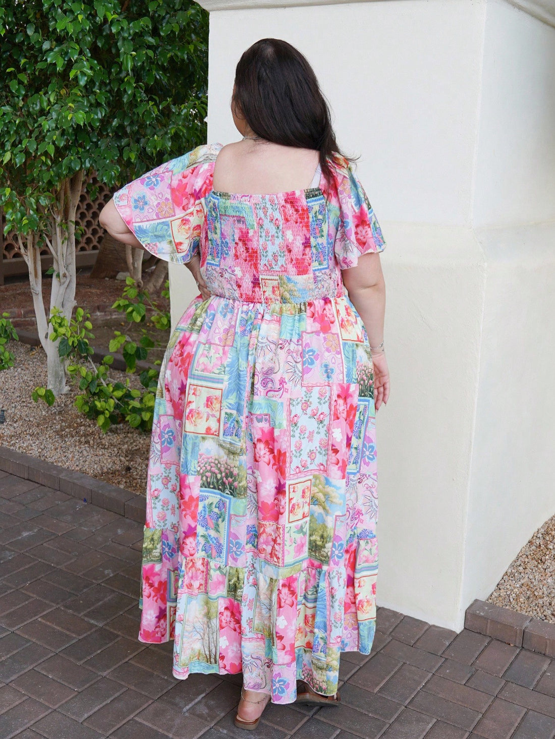 Embrace spring in style with this charming plus-size maxi dress, designed with pear-shaped figures in mind. The multicolor plaid pattern brings cheerful energy to your wardrobe, while the square neckline flatters your frame beautifully. Fluttery ruffle sleeves add a touch of whimsy and movement, and the flowing maxi length skims gracefully over curves. Perfect for garden parties, casual outings, or whenever you want to feel fabulous and comfortable. This dress celebrates your shape while keeping you cool an