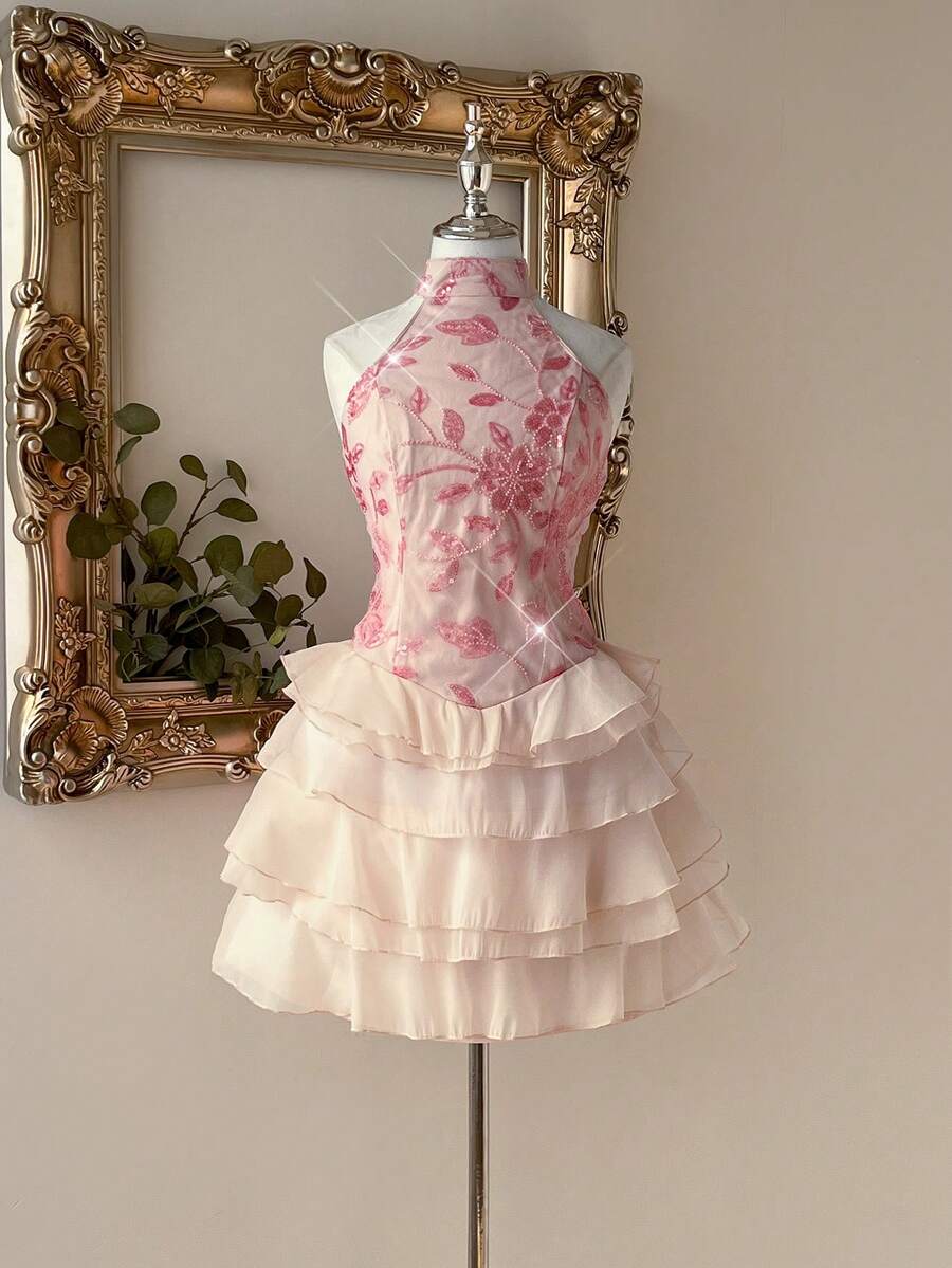 Pink and ivory beaded sequin mini dress with ruffled skirt
