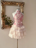 Ivory and pink embroidered sequin mini dress with tiered skirt