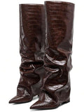 Slip-on view of Stylish Knee-High Slouchy Shark Boots with Chunky Heels for Parties and Office Wear for knee high boot styling