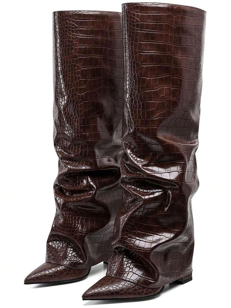 Slip-on view of Stylish Knee-High Slouchy Shark Boots with Chunky Heels for Parties and Office Wear for knee high boot styling
