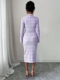Back view of lilac tweed blazer and pencil midi dress set