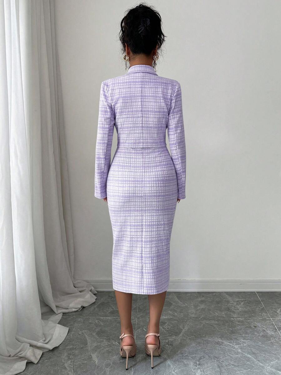 Back view of lilac tweed blazer and pencil midi dress set