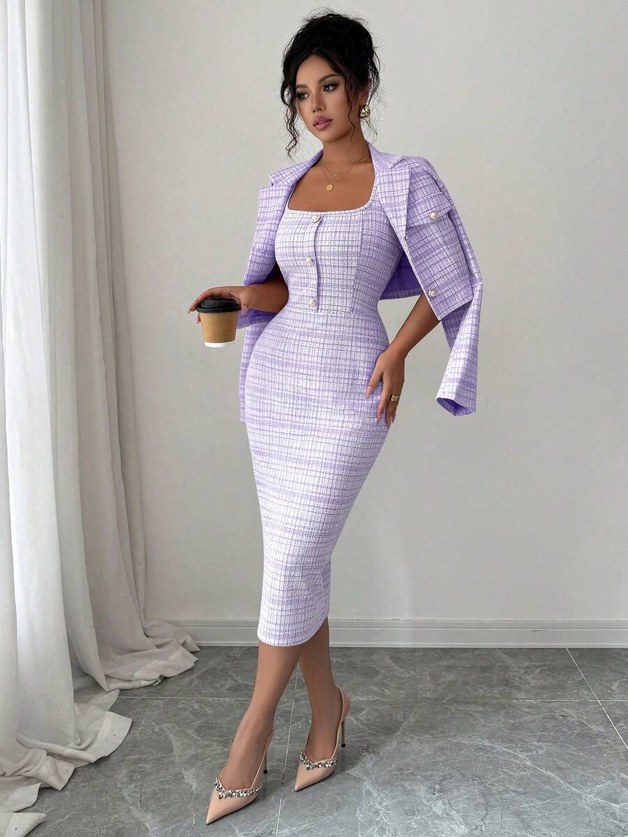 Front view of lilac tweed two piece blazer dress set with buttons