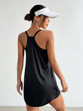 solid black scoop neck tank sports mini dress with built in shorts, racerback straps and front pockets image 2