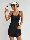 solid black scoop neck tank sports mini dress with built in shorts, racerback straps and front pockets image 3