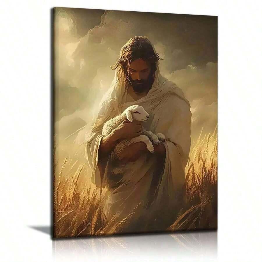 Portrait canvas wall art of Jesus holding a white lamb among golden wheat, displayed above a console in a bright neutral room