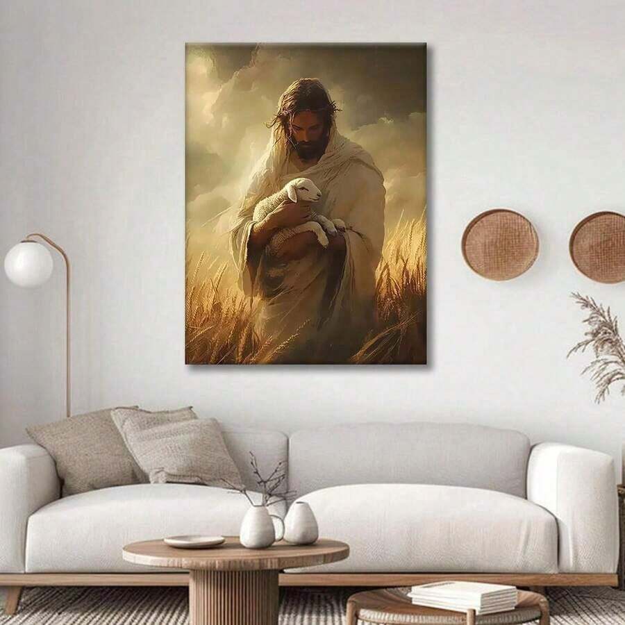 Christian canvas picture of Jesus with a lamb in a wheat field, styled above a sofa in a calm light living room