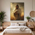 Good Shepherd wall art showing Jesus holding a lamb, displayed above a bed in a warm neutral bedroom