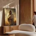 Framed religious canvas of Jesus and a white lamb in golden wheat, viewed beside a console in a softly lit interior