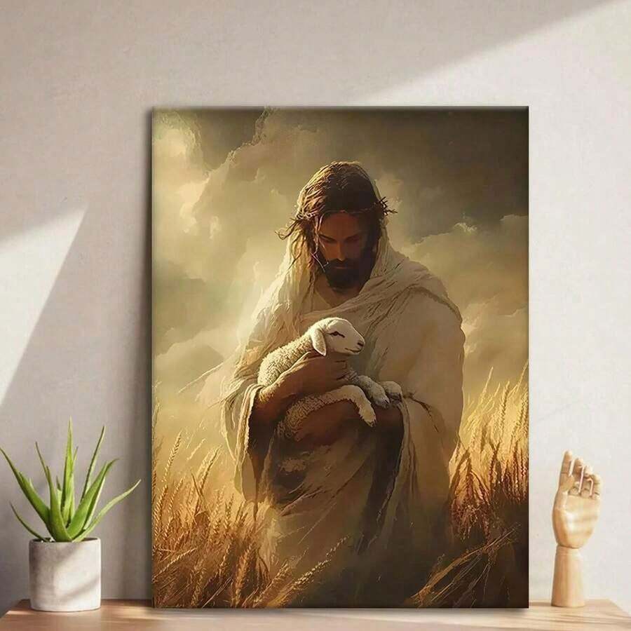 Close view of portrait canvas art depicting Jesus gently holding a lamb against a warm cloudy sky, styled on a bright wall
