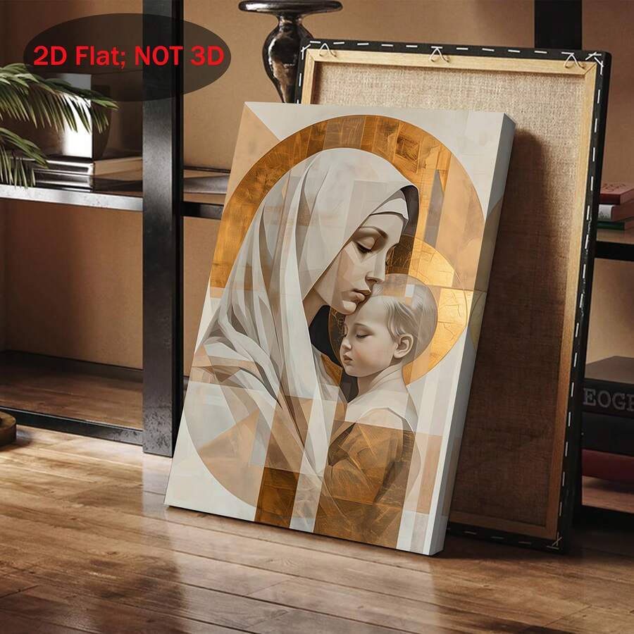 Angled room view of the flat Mary and infant Jesus canvas print with gold halo, shown beside a plant and wooden floor