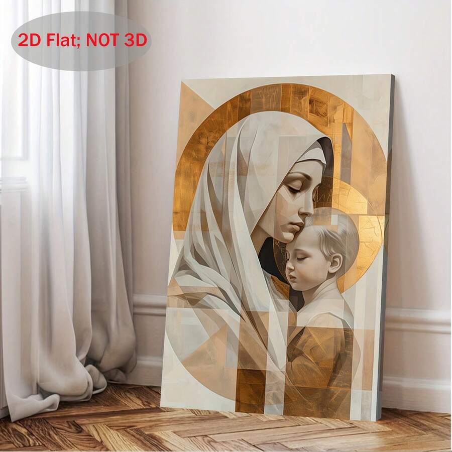 Living room view of Christian canvas art depicting Mary and baby Jesus in cream and gold geometric tones beside a light curtain