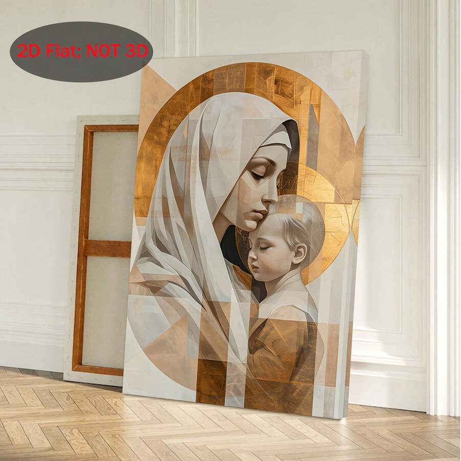 Wide interior view of the flat Mary and infant Jesus wall canvas displayed against a white paneled wall on a wood floor