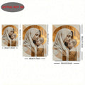 Size comparison graphic showing the Mary and infant Jesus canvas print in three portrait sizes with cream and golden artwork