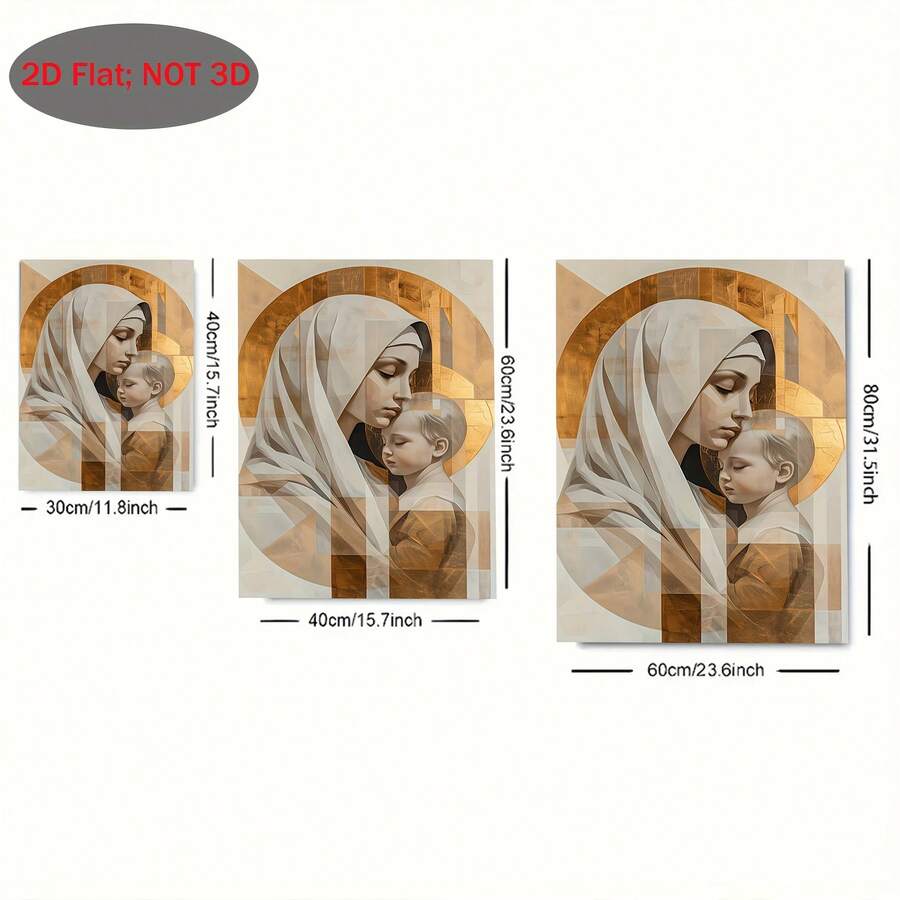 Size comparison graphic showing the Mary and infant Jesus canvas print in three portrait sizes with cream and golden artwork