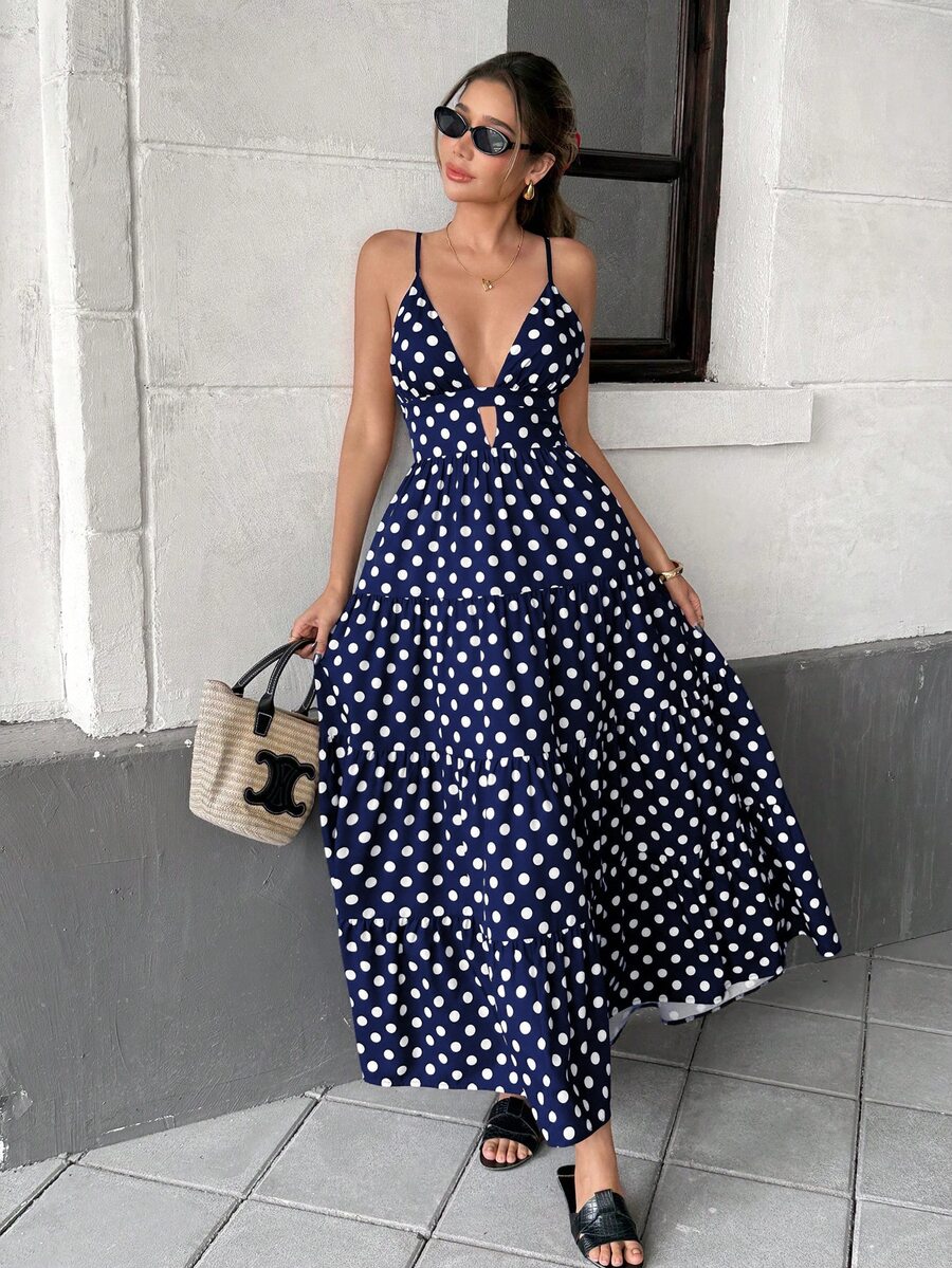 Navy blue and white polka dot spaghetti strap maxi dress, front view