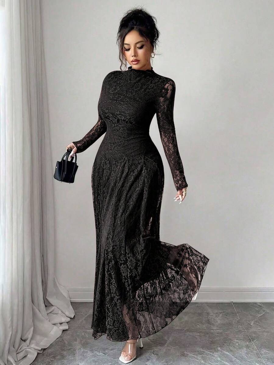 Elevate your formal wardrobe with this sophisticated French-inspired mock neck lace dress. Crafted from a luxurious blend of 88% polyamide and 12% elastane, this elegant piece features delicate contrast lace detailing and a flattering cinched waist that accentuates your silhouette. The A-line silhouette with flared hem and ruffle trim creates graceful movement, while the long sleeves and high neckline offer refined coverage. Perfect for evening events, celebrations, and special occasions. 