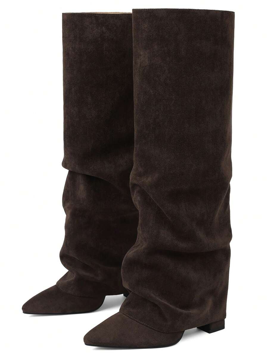 Front view of Stylish Knee-High Slouchy Shark Boots with Chunky Heels for Parties and Office Wear for knee high boot styling