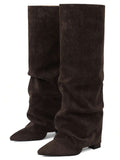 Side view of Stylish Knee-High Slouchy Shark Boots with Chunky Heels for Parties and Office Wear for knee high boot styling